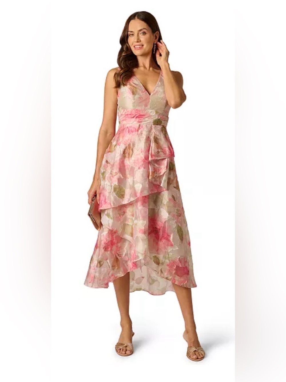 Adrianna Papell Petite Cascade Organza V-neck Midi Dress